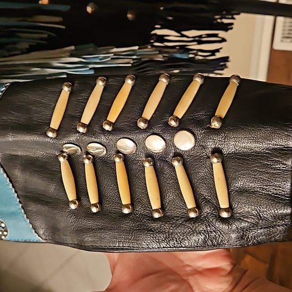 Sunriders Western Wear Turquoise & Black Fringe Bone Bead Riders Jacket sz L - Picture 5 of 13